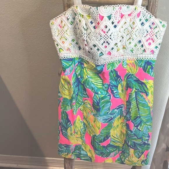 $228 NWT LILLY PULITZER Sz6 BRYNN LACE DETAIL STRAPLESS DRESS PINK SUNSET PRINT - Picture 4 of 11